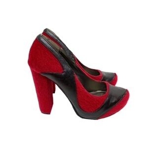 Rare Michael Antonio Red Brown Faux Mohair & Leather Statement Chucky High Heels